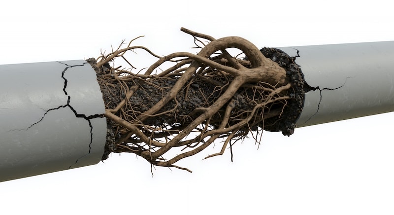 Close-up detailed view of a broken grey pipe section isolated on white background.  The pipe is cracked and clogged with brown tree roots. Ideal for illustrating plumbing issues, root intrusion, or infrastructure damage. Perfect for educational materials, websites, or presentations related to home maintenance, repairs, or environmental impact