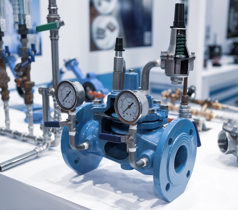 Pressure reducing valve PRV. Pillot controlled hydraulic operated. Industrial process valve.