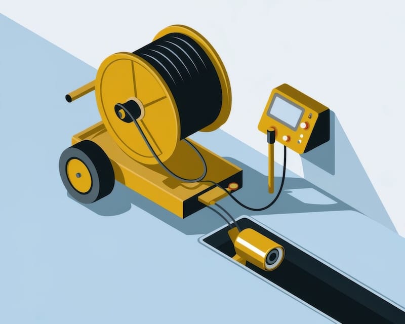 An isometric illustration showcasing a sewer inspection camera system utilized for pipeline analysis and maintenance. The illustration features the camera on a cart with a reel of cable and a display monitor.