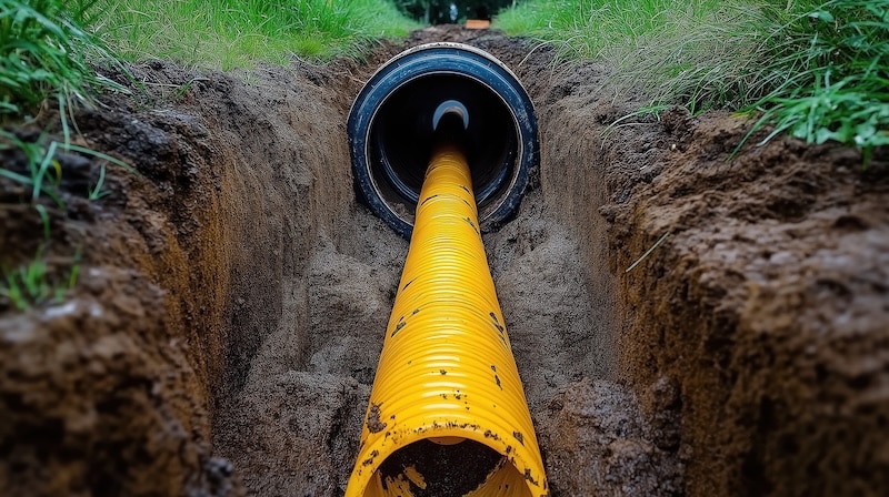 Yellow pipeline laid underground. Technics for trenchless utility installation. Expert contractors use advanced pipeline tech. Innovative solution for, compact installation. Project demonstrates
