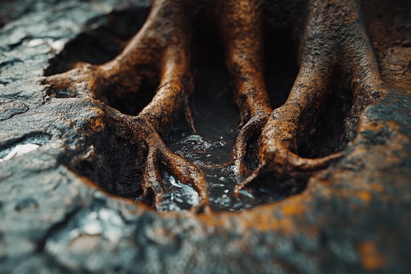 Close-up of tree roots breaking through underground pipe