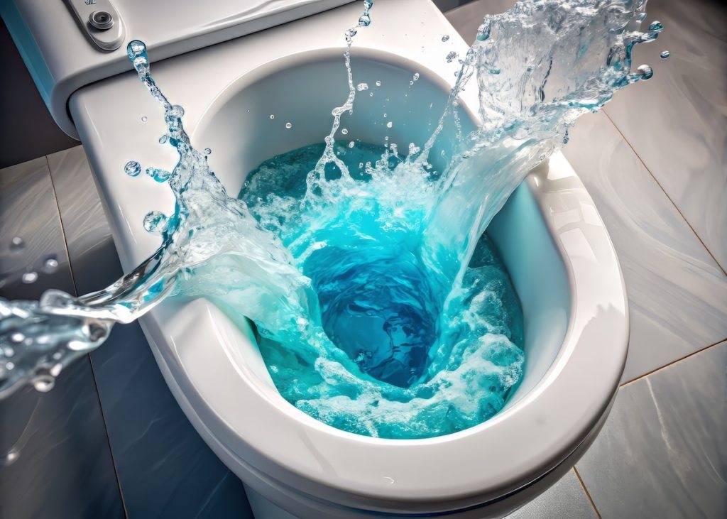 Sparkling water swirls down a modern toilet bowl, flushing away remnants of last use, with a hint of blue toilet paper remaining in the clear water.