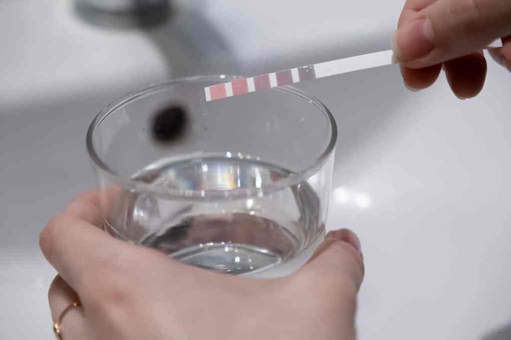 Close-up of a person's hands holding a water sample glass, observing a pH test strip changing colors to evaluate the local water source quality