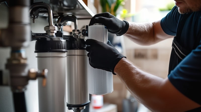 plumber installing water filtration system