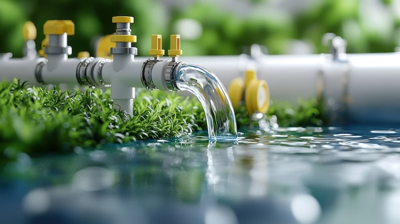 A water flows from pipe surrounded by lush greenery, showcasing serene and eco friendly environment. scene emphasizes importance of water