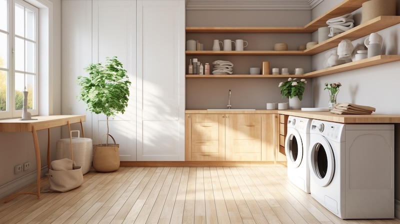 laundry room with hardwood counters and built-in washer. mockup. Generative AI
