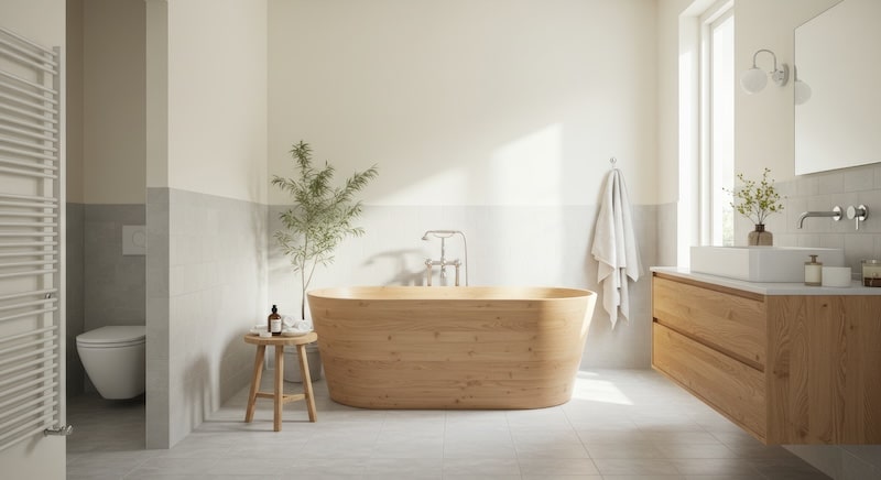 Serene and stylish bathroom featuring a unique wooden bathtub, modern vanity, and abundant natural light.