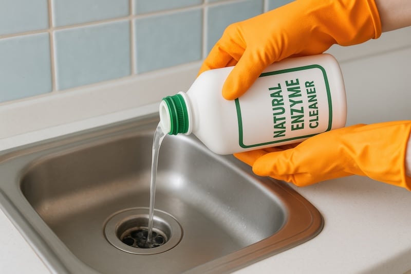 Person pouring natural enzyme cleaner into stainless steel kitchen sink drain, wearing orange gloves for eco friendly cleaning.