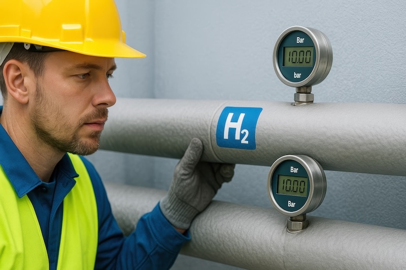 A worker inspects hydrogen gas pressure gauges in an industrial facility, showcasing safety protocols and technology in energy management.