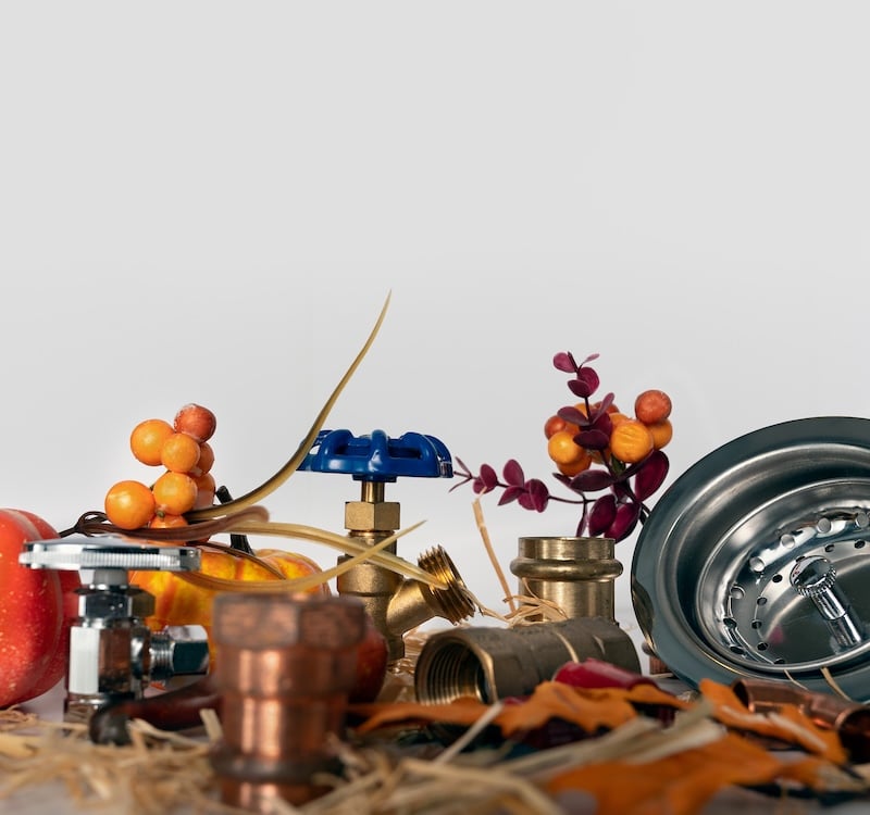 Plumbing service concept with tools and autumn leaves, symbolizing seasonal home maintenance during Thanksgiving holidays with copy space at the top.