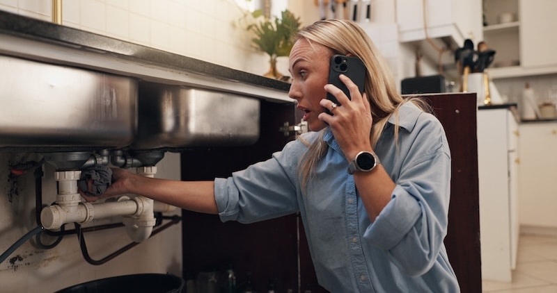 Woman, phone call and stress by kitchen sink for leak, emergency and talk with shock at apartment. Person, smartphone and contact for repair, help and plumbing services for drain in morning at house. SSUCv3H4sIAAAAAAAAA21Sy27jMAz8F51z8KNJvPmVxaKgJTYWKomGRLc1ivx7KSpA221vMxTJmaH9bmYo3prLu/EhbIUzsKdkLt3BZEwOs8KXPJ46Reg8U/YQlM3AdkkQ0VxMWYj4cToO3TSYgwEvHbeDKQy8FSwiIcwC41XmlX9qS1k2yFTZ5gqks/u1fqu2AoIu/GvsgG4cp6M7SY9z2M/9dB56Iec/8nayD9PZ/DuY51fGHO8eYHOeGlyztz5dGyFealy1KZegWB2UZWOZFWqfK2/5EzHyvkrsXrw9WfGTtjjXcdOPp+PD0A1qtjaWFsFJ9HsYPcniZWnem6Du9+7ucFsDgeNq0oCjGe/yVeybHym4jBAL+9jMQIC4K8IdMSqKVHhdiKko3WGP3mZSslJyR0WWAm15prdWh1TPESUvNB1cqfive2Z/VRtaaiuCXx1CqHdQ3fovyeeKmLjNWEj/zZSfpX4Y85Og2+0DqN1diZ8CAAA=