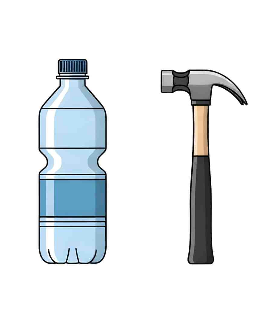 A collection of illustrated objects on a white background: a clear plastic water bottle with a blue label, a silver and brown hammer, a brown American football, and a blank canvas on a wooden frame. Clear details and vibrant colors enhance visual appeal.