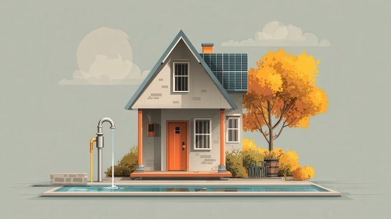 Greywater reuse via solar pump in drought tech setting, ideal for water conservation visuals, isolated on soft solid background, ample copy space, single subjects, flat design 2.0, neutral color scheme --no text, logo, trademark --chaos 10 --ar 16:9 --relax --stylize 200 --v 7 Job ID: 39d42151-4345-4d81-8b80-d368260e444e