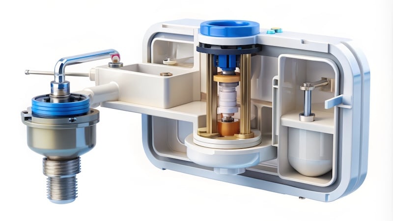 A photo image of a toilet flush valve mechanism with fluidic connections, cylindrical housing, and a pivoting flapper sealing with water inside