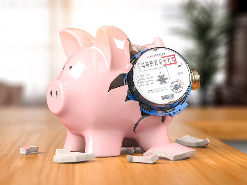 Water meter with piggy bank. Water consumption, cost of utilities and payment for water concept. 3d illustration