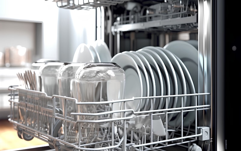 Close-up of a hand putting a dirty ceramic plate in the dishwasher. The concept of household and useful technology