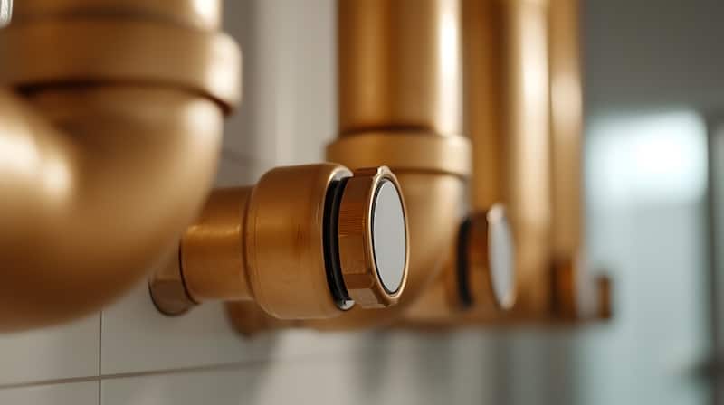A high-angle, close-up captures the elegance of bronze pipes mounted on a white-tiled wall, showcasing the details of the industrial aesthetic in a modern interior space. mixing valve
