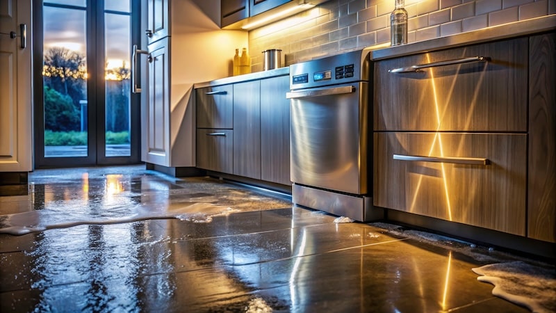 Close-Up of Flooded Kitchen Floor with Water Leakage from Dishwasher and Refrigerator in Low Light Conditions, Highlighting Water Damage and Household Issues