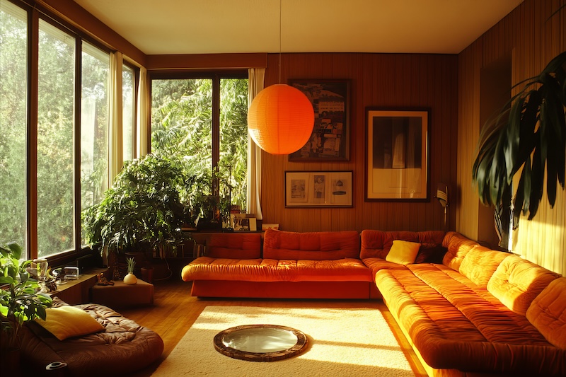 Interior of a vintage 1960s or 1970s retro living room.