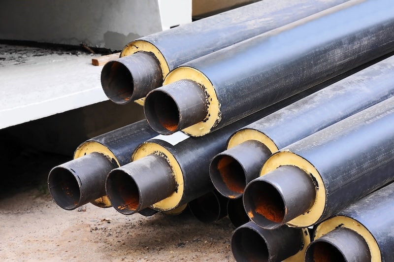 Rusty steel pipe with heat insulation on construction site