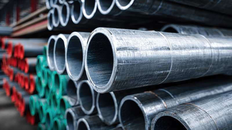 Close-up of stacked industrial steel pipes in a warehouse facility --ar 16:9 --raw --v 7 Job ID: cb036dae-0a76-43d6-a4e5-71ed70b26ff4