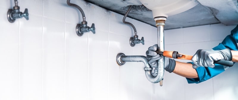 Technician plumber using a wrench to repair a water pipe under the sink. Concept of maintenance, fix water plumbing leaks, replace the kitchen sink drain, cleaning clogged pipes is dirty or rusty.
