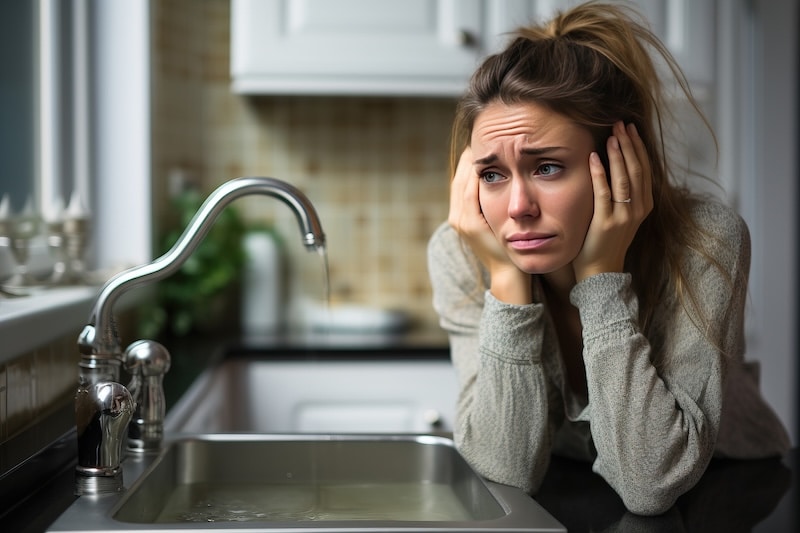 A forlorn woman at her kitchen sink looking worried about a plumbing problem,