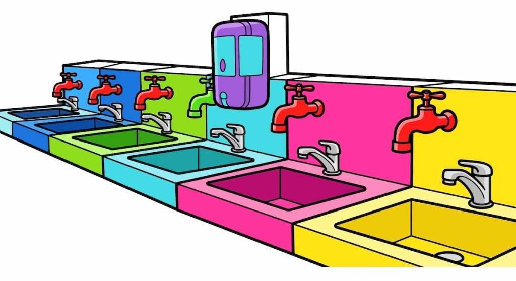 Multicolored sinks with various faucets