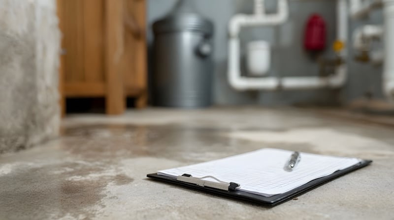 A clipboard with a pen rests on a wet concrete floor in a utility room indicating a plumbing system check or building maintenance inspection