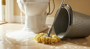 Overflowing toilet with soapy water flooding bathroom floor as yellow mop and metal bucket sit nearby during home cleaning emergency and household plumbing problem.