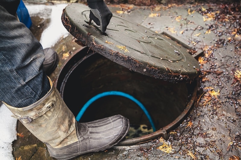 worker hand in the glove raises the metal cover of the sewer hatch on the street