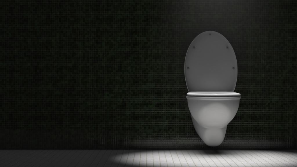 Toilet bowl in the restroom. Dramatic lighting. Copy space