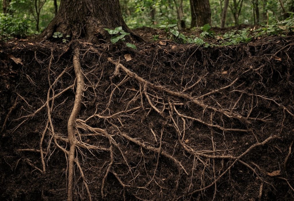 A cross section of dark forest soil showing intricate tree roots and a small green plant growing on the surface in a natural woodland setting. {"model_id": "unified-v1/prod/20260610-025218"}
