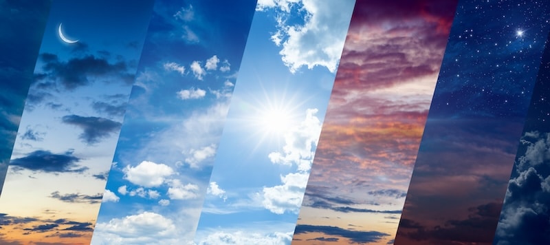 Different times of day: dawn and sunset, day and night. Concept of continuous flow of time and unity and struggle of opposites. Elements of this image furnished by NASA